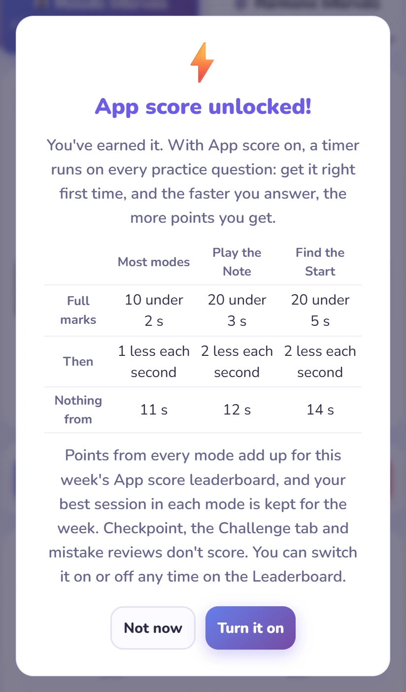 The App score unlocked popup: the points table and the Not now and Turn it on buttons.