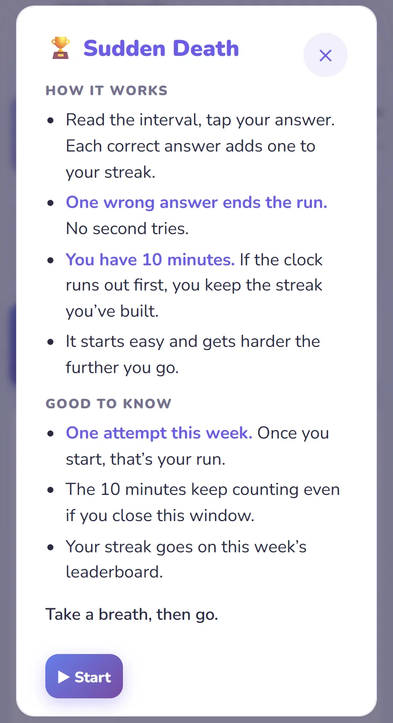 The Sudden Death rules card: how it works, good to know, and a Start button.