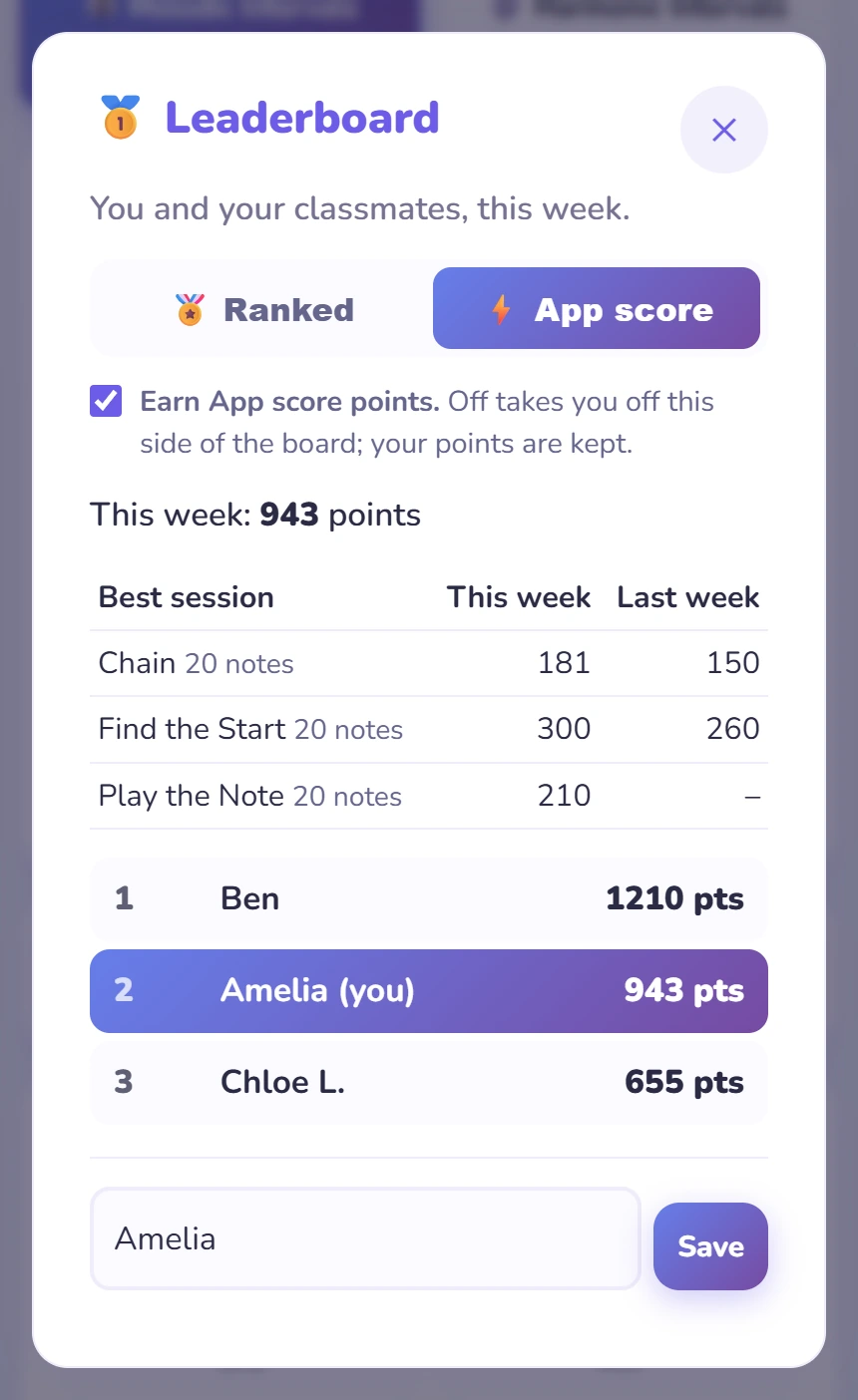 The Leaderboard on its App score side: this week’s points with the on/off switch and best sessions.