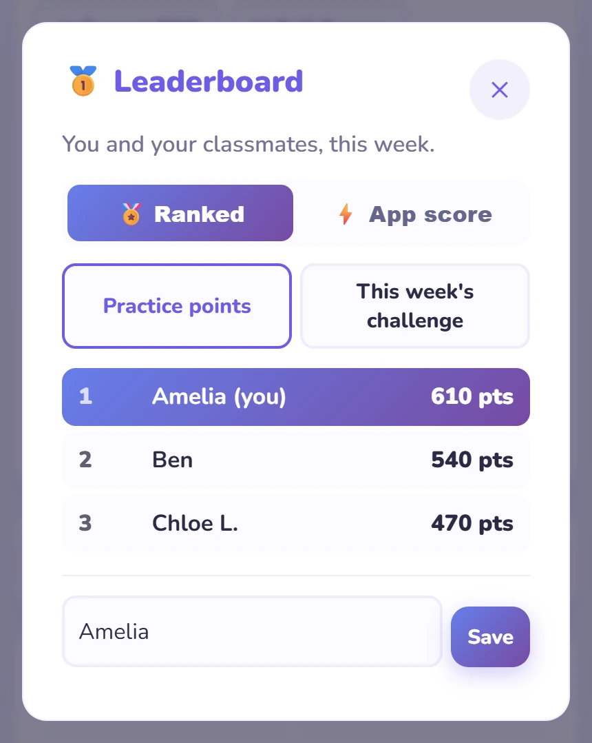 The Leaderboard on the Practice points tab.