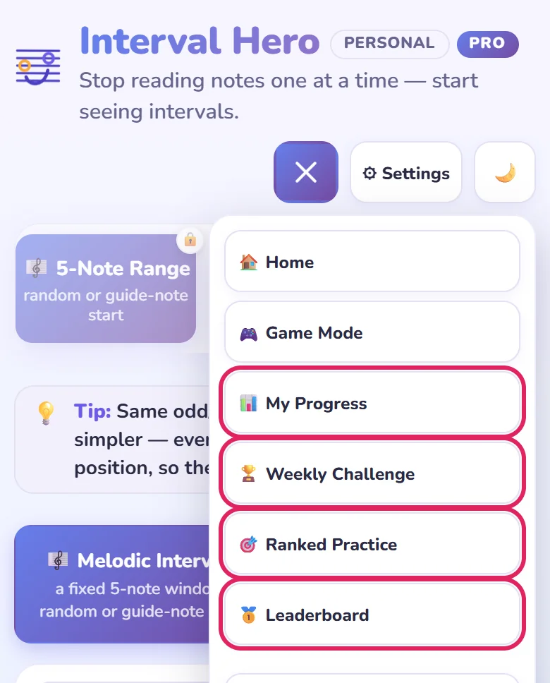 The app menu with My Progress, Weekly Challenge, Ranked Practice and Leaderboard circled in red.