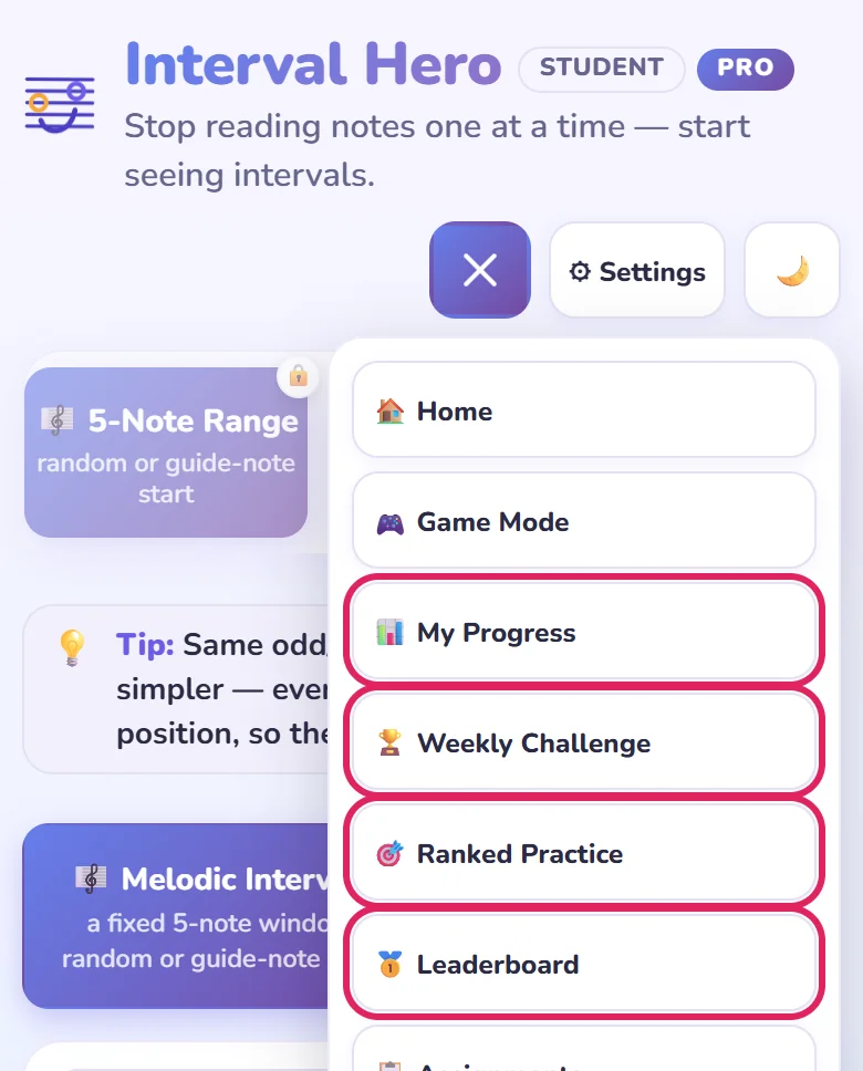The app menu with My Progress, Weekly Challenge, Ranked Practice and Leaderboard circled in red.