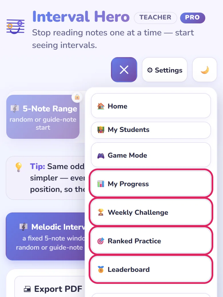 The app menu with My Progress, Weekly Challenge, Ranked Practice and Leaderboard circled in red.