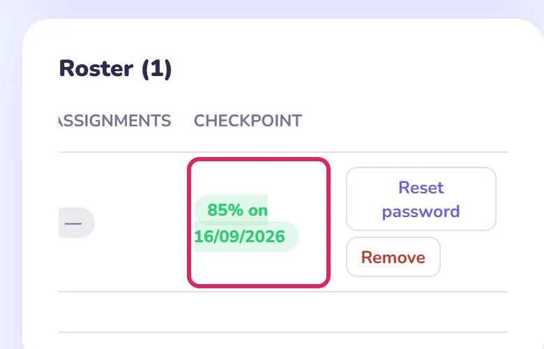 The roster scrolled to the Checkpoint column, showing 85% on 16/09/2026 circled in red.