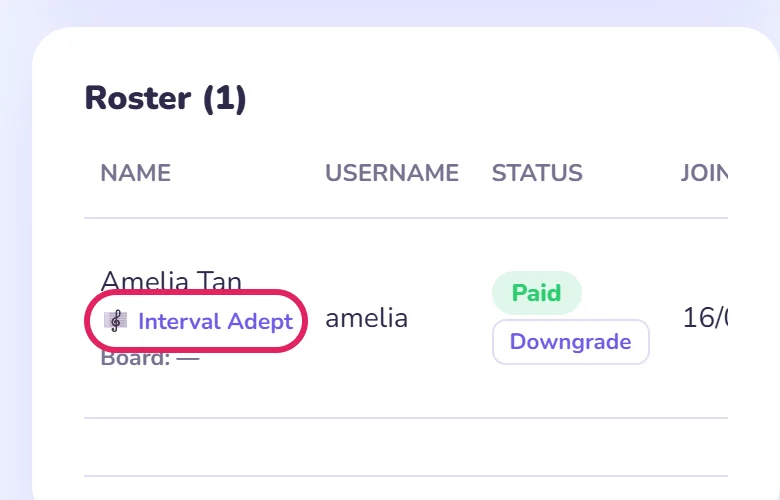 A roster row with Interval Adept shown under the student name, circled in red.