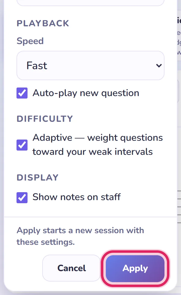 The bottom of the Settings panel after changing Session Length: a note reading Apply starts a new session with these settings, and the Apply button lit and circled in red.