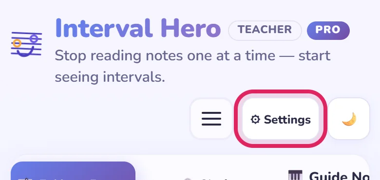 The app header with the Settings button circled in red, between the menu button and the theme toggle.
