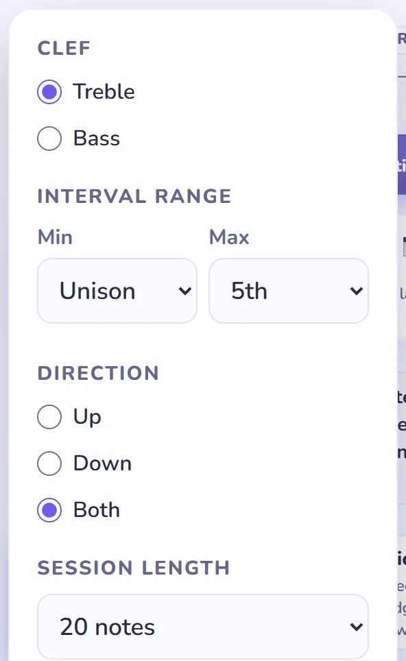 The Settings panel in Chain mode: Clef, Interval Range with Min Unison and Max 5th, Direction with Both selected, Session Length.