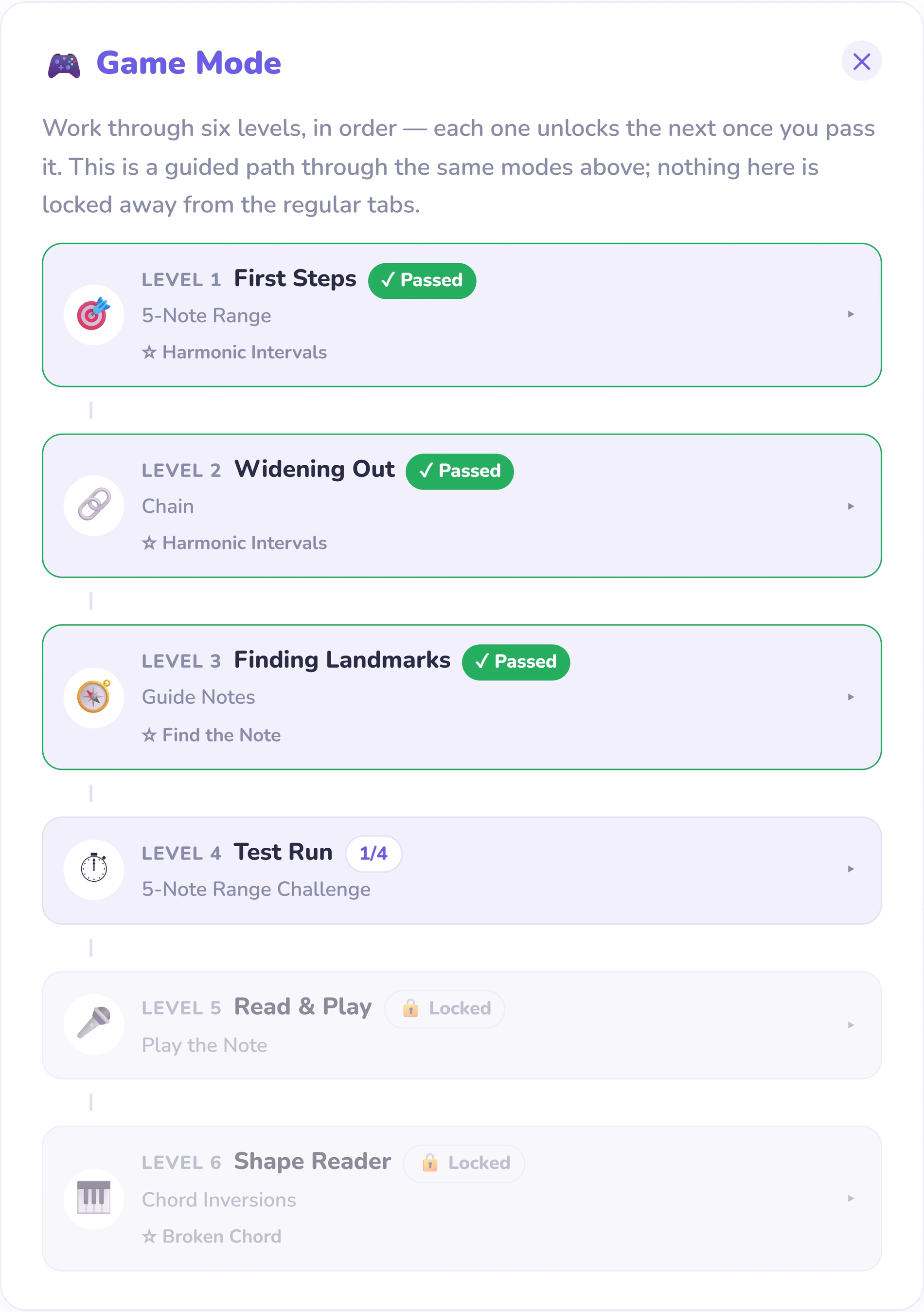 Game Mode&rsquo;s six-level path: the first three levels passed, level four in progress, the rest still locked
