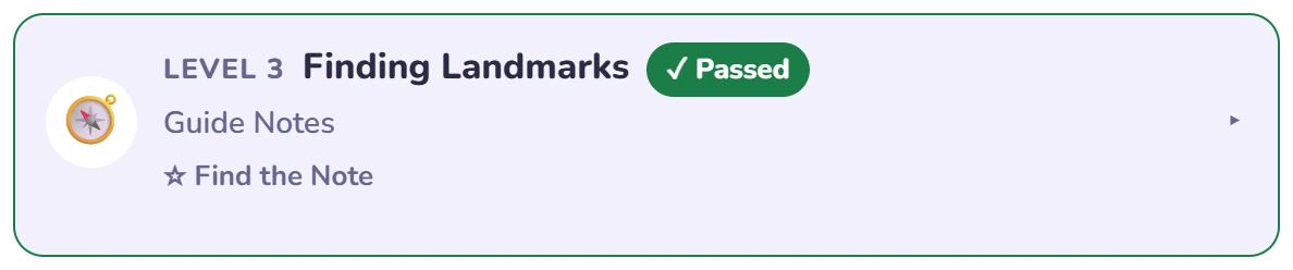 Level 3 Finding Landmarks: Guide Notes, with Find the Note bonus, shown passed